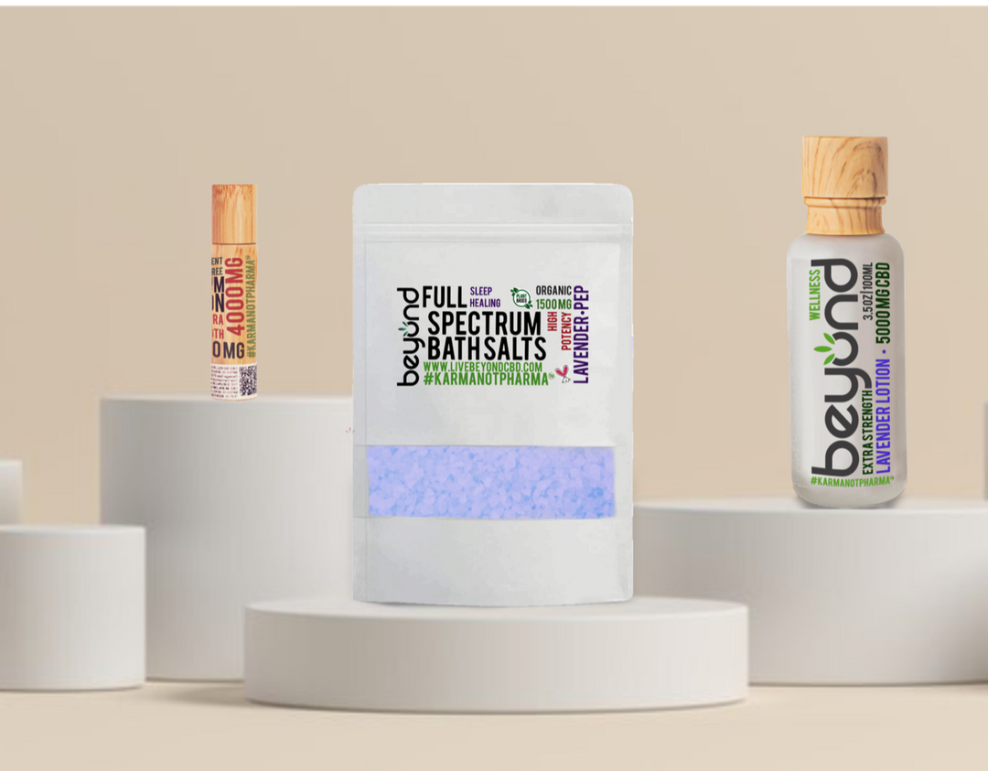 Beyond Wellness ultimate sleep stress anxiety gift set 5000 mg CBD lavender lotion, 4000 MG Full Spec Roll On, 1500 MG Full Spectrum bath salts.